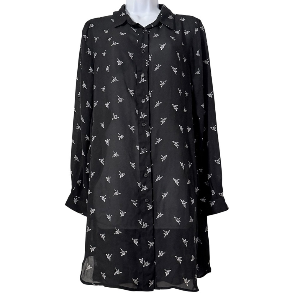 Press Dress Paper Crane Print Button Down Shirt Dress Tunic Top Sz M Semi-Sheer